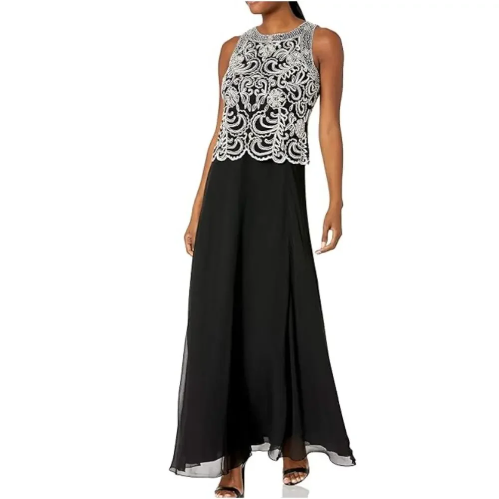 JKARA Evening Gown Dress Women Size 10 Black Champagne Beaded Formal Elegant - Picture 2 of 5